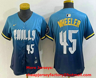 Women's Philadelphia Phillies #45 Zack Wheeler Blue 2024 City Player Number Cool Base Stitched Jersey