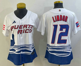 Women's Puerto Rico Baseball #12 Francisco Lindor 2023 White World Classic Stitched Jersey 01