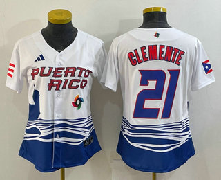 Women's Puerto Rico Baseball #21 Roberto Clemente 2023 White World Classic Stitched Jersey 01