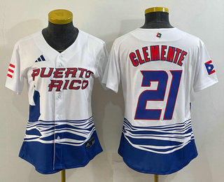 Women's Puerto Rico Baseball #21 Roberto Clemente 2023 White World Classic Stitched Jersey 02