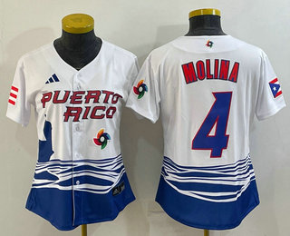 Women's Puerto Rico Baseball #4 Yadier Molina 2023 Red World Classic Stitched Jersey 02