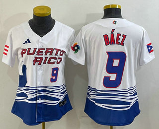 Women's Puerto Rico Baseball #9 Javier Baez Number White 2023 World Baseball Classic Stitched Jersey 01