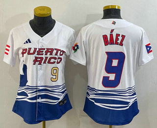 Women's Puerto Rico Baseball #9 Javier Baez Number White 2023 World Baseball Classic Stitched Jersey 04