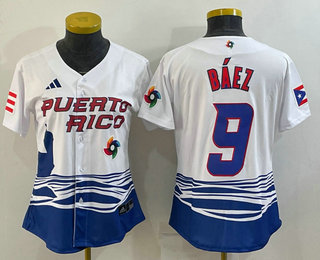 Women's Puerto Rico Baseball #9 Javier Baez White 2023 World Baseball Classic Stitched Jersey 01