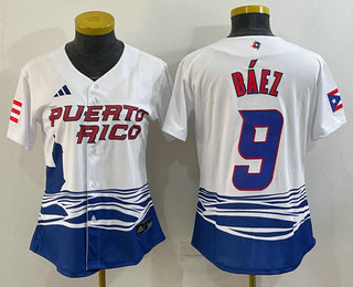 Women's Puerto Rico Baseball #9 Javier Baez White 2023 World Baseball Classic Stitched Jersey 02