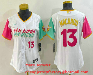 Women's San Diego Padres #13 Manny Machado White Number 2022 City Connect Cool Base Stitched Jersey