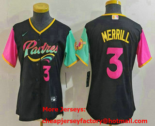 Women's San Diego Padres #3 Jackson Merrill Black Player Number Fashion Baseball Jersey