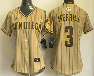 Women's San Diego Padres #3 Jackson Merrill Khaki Pinstripe Limited Stitched Jersey