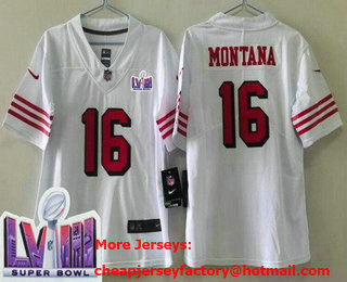 Women's San Francisco 49ers #16 Joe Montana Limited White Alternate LVIII Super Bowl Vapor Jersey