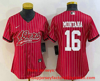 Women's San Francisco 49ers #16 Joe Montana Red Pinstripe With Patch Cool Base Stitched Baseball Jersey