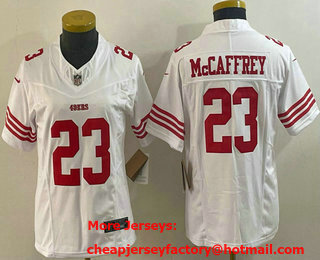 Women's San Francisco 49ers #23 Christian McCaffrey White 2023 FUSE Vapor Limited Stitched Jersey
