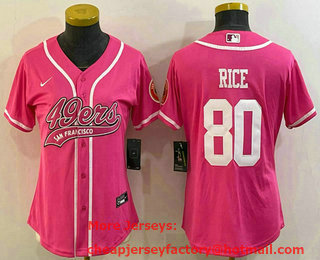 Women's San Francisco 49ers #80 Jerry Rice Pink With Patch Cool Base Stitched Baseball Jersey