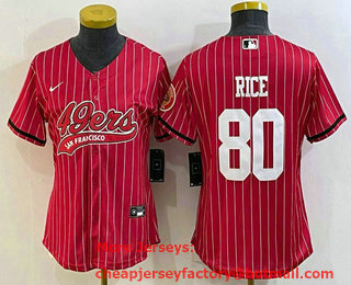 Women's San Francisco 49ers #80 Jerry Rice Red Pinstripe With Patch Cool Base Stitched Baseball Jersey