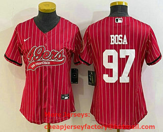 Women's San Francisco 49ers #97 Nick Bosa Red Pinstripe With Patch Cool Base Stitched Baseball Jersey