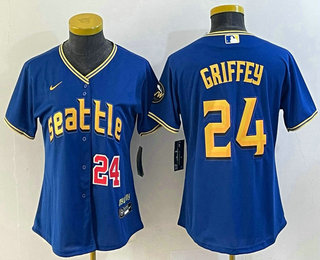 Women's Seattle Mariners #24 Ken Griffey Number Blue 2023 City Connect Cool Base Stitched Jersey 01