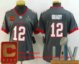 Women's Tampa Bay Buccaneers #12 Tom Brady Limited Pewter Captain Patch 2021 Super Bowl LV Bound Vapor Untouchable Jersey