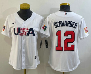 Women's USA Baseball #12 Kyle Schwarber 2023 White World Classic Stitched Jersey 02