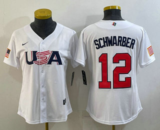 Women's USA Baseball #12 Kyle Schwarber 2023 White World Classic Stitched Jersey 04