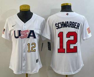 Women's USA Baseball #12 Kyle Schwarber Number 2023 White World Classic Stitched Jersey 04