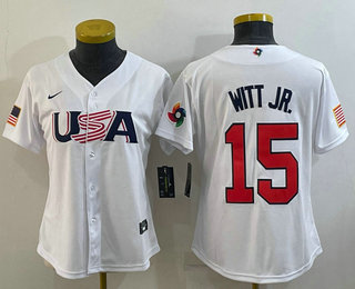Women's USA Baseball #15 Bobby Witt Jr 2023 White World Classic Replica Stitched Jersey 02