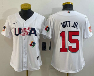 Women's USA Baseball #15 Bobby Witt Jr 2023 White World Classic Replica Stitched Jersey 04