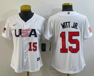 Women's USA Baseball #15 Bobby Witt Jr Number 2023 White World Classic Replica Stitched Jersey 04