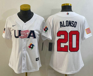 Women's USA Baseball #20 Pete Alonso 2023 White World Classic Stitched Jersey 03