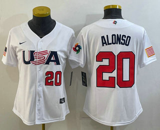 Women's USA Baseball #20 Pete Alonso Number 2023 White World Classic Stitched Jersey 01