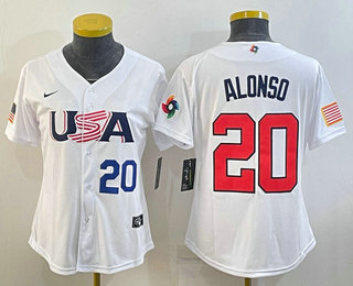 Women's USA Baseball #20 Pete Alonso Number 2023 White World Classic Stitched Jersey 03