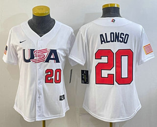 Women's USA Baseball #20 Pete Alonso Number 2023 White World Classic Stitched Jersey 04