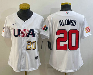 Women's USA Baseball #20 Pete Alonso Number 2023 White World Classic Stitched Jersey 05
