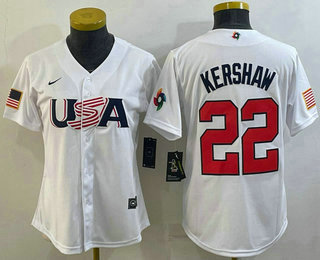 Women's USA Baseball #22 Clayton Kershaw 2023 White World Classic Stitched Jersey 01