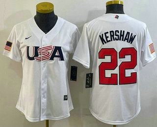 Women's USA Baseball #22 Clayton Kershaw 2023 White World Classic Stitched Jersey 03