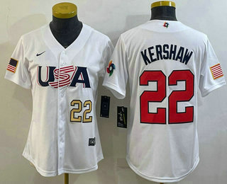 Women's USA Baseball #22 Clayton Kershaw Number 2023 White World Classic Stitched Jersey 01