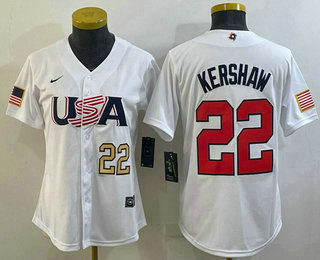 Women's USA Baseball #22 Clayton Kershaw Number 2023 White World Classic Stitched Jersey 02