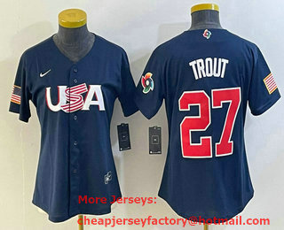 Women's USA Baseball #27 Mike Trout 2023 Navy World Classic Stitched Jersey 01