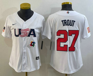 Women's USA Baseball #27 Mike Trout 2023 White World Classic Replica Stitched Jersey 04