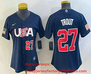 Women's USA Baseball #27 Mike Trout Number 2023 Navy World Classic Stitched Jersey 01