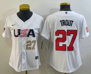 Women's USA Baseball #27 Mike Trout Number 2023 White World Classic Replica Stitched Jersey 01