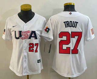 Women's USA Baseball #27 Mike Trout Number 2023 White World Classic Replica Stitched Jersey 03