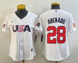 Women's USA Baseball #28 Nolan Arenado 2023 White World Classic Replica Stitched Jersey 03