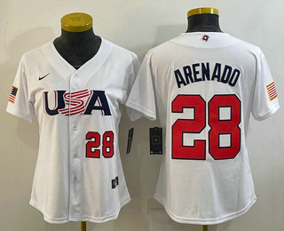 Women's USA Baseball #28 Nolan Arenado Number 2023 White World Classic Replica Stitched Jersey 01