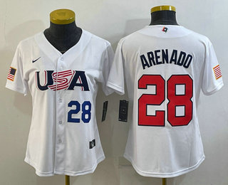 Women's USA Baseball #28 Nolan Arenado Number 2023 White World Classic Replica Stitched Jersey 02