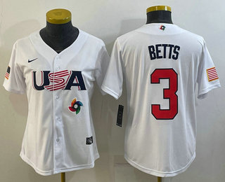 Women's USA Baseball #3 Mookie Betts 2023 White World Classic Replica Stitched Jersey 01