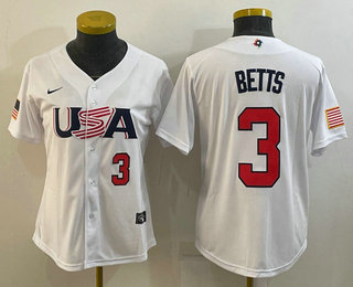 Women's USA Baseball #3 Mookie Betts Number 2023 White World Classic Replica Stitched Jersey 04
