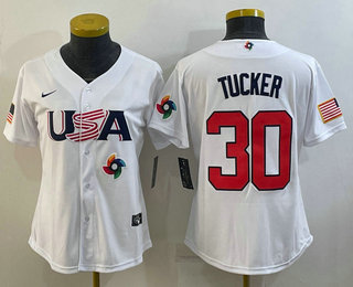 Women's USA Baseball #30 Kyle Tucker 2023 White World Classic Stitched Jersey 03