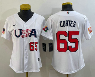 Women's USA Baseball #65 Nestor Cortes Number 2023 White World Classic Stitched Jersey 06