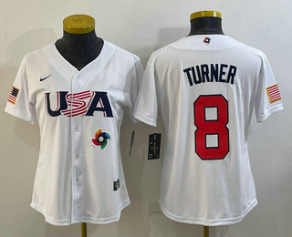 Women's USA Baseball #8 Trea Turner 2023 White World Classic Stitched Jersey 04