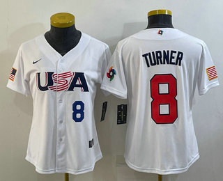 Women's USA Baseball #8 Trea Turner Number 2023 White World Classic Stitched Jersey 03