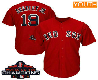 Youth Boston Red Sox #19 Jackie Bradley Jr. Red 2018 MLB World Series Champions Patch Stitched MLB Cool Base Jersey